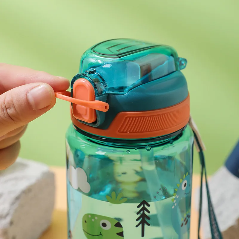 600ml Cartoon Animal Water Bottle Portable Safety Lock Cute Straw Cup Kids Leak-proof Drinking Jug For Outdoor Camping Travel