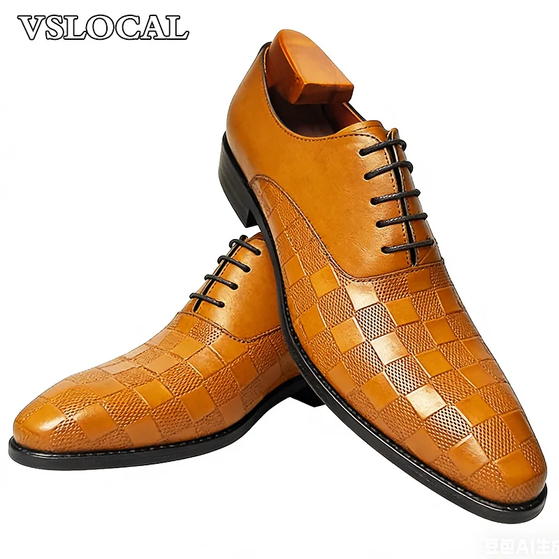 

Luxury Men Oxford Shoes Black Brown Pointed Toe Plaid Print Lace-Up Dress Shoes Wedding Office Leather Shoes For Men