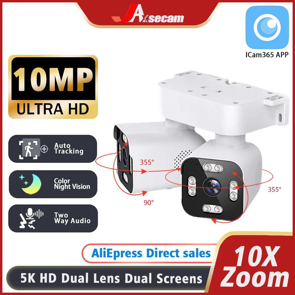 Kamera IP Audio dua arah 5K 10MP WiFi, kamera pelindung keamanan CCTV Video pengawasan pelacakan otomatis lensa ganda perbesaran 10X