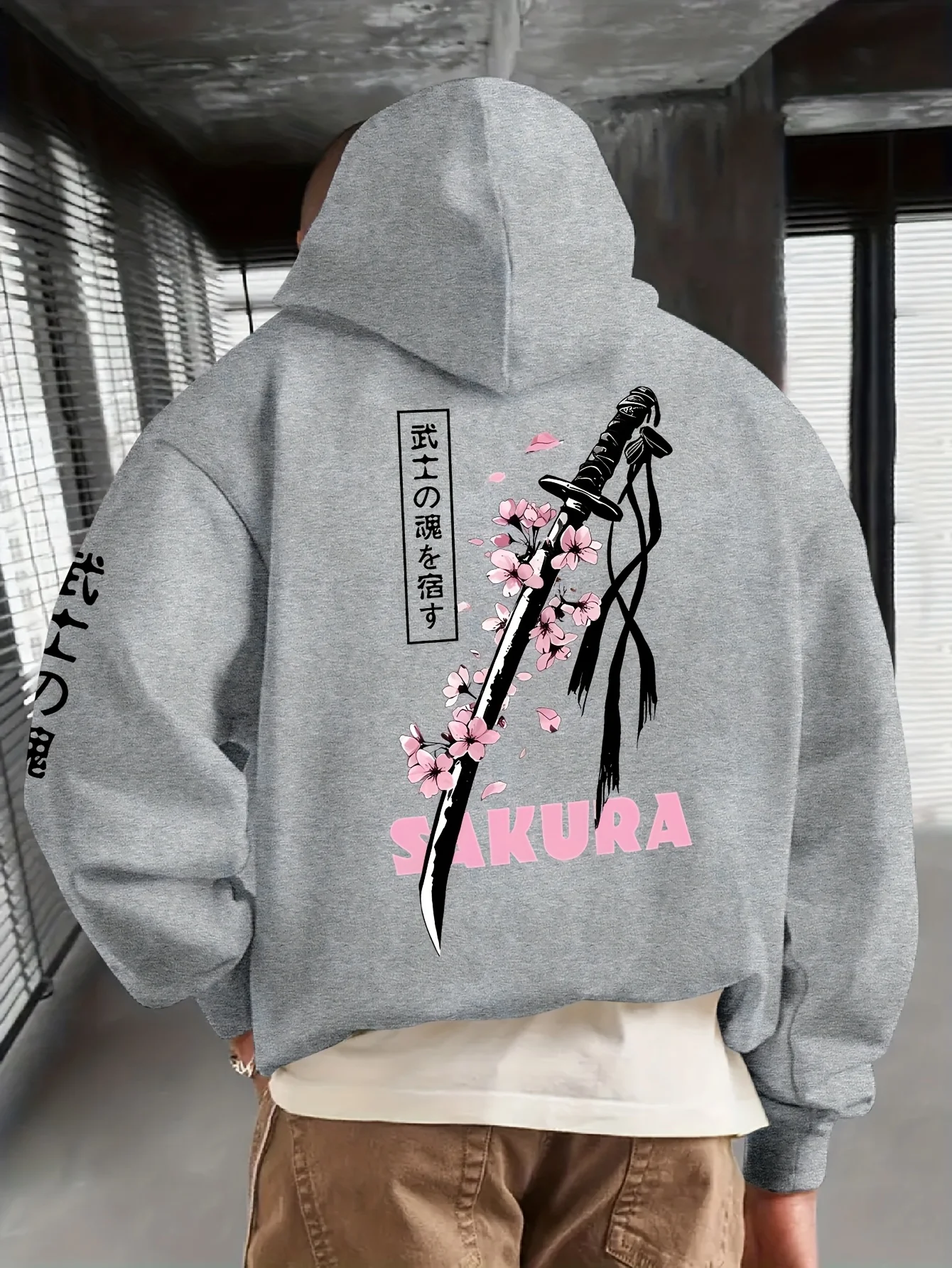 European and American men's autumn cherry blossom samurai sword print comfortable and soft hooded sweatshirt outdoor street top