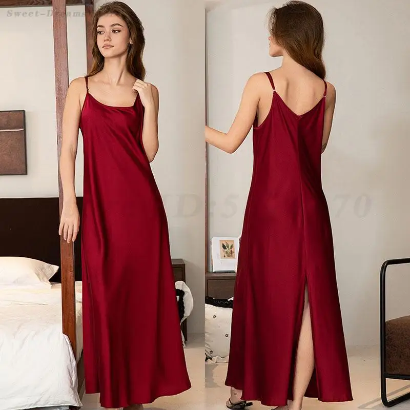 

Sexy Split Chemise Sleepwear Women Long Spaghetti Strap Nightgown Home Dressing Gown Long Lingerie Nightwear Female Nightdress