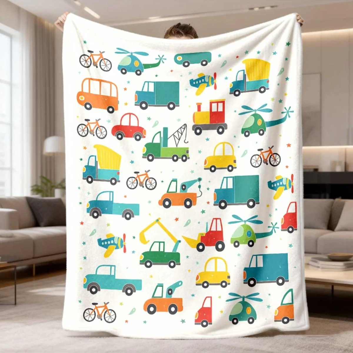 Cute Cartoon Car Truck Plane Helicopter Transport Pattern Flannel Blanket Indoor Outdoor Soft Timeless Warm Home Holiday Decor