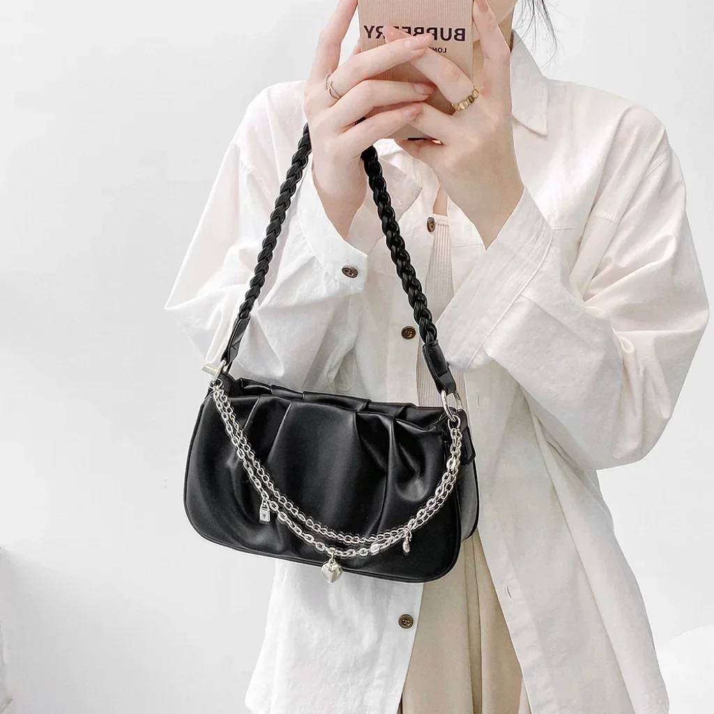 Cloud Underarm Cross Border Live Streaming Texture Pleated Soft Leather One Shoulder Woven Shoulder Strap Handbag For Women