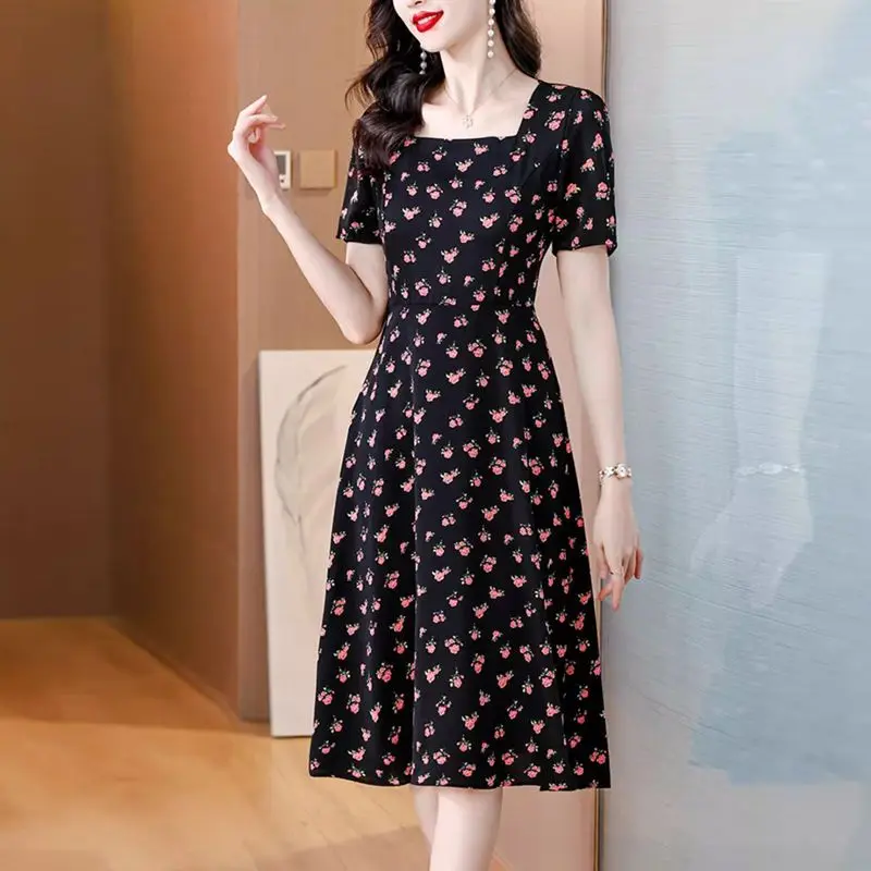 Women Summer Fashion Trend Slim Printing Corset Square Collar Short Sleeve Floral Dress Ladies Casual Appear Thin A-line Skirt