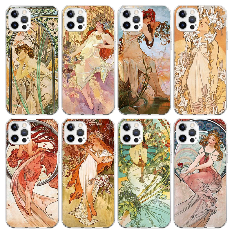 Alfons Mucha Primavera Phone Case For iPhone 16 15 14 13 12 Mini 11 Pro Max Cover 7 Plus X XS XR 8 + SE Silicone Shell Print Fun