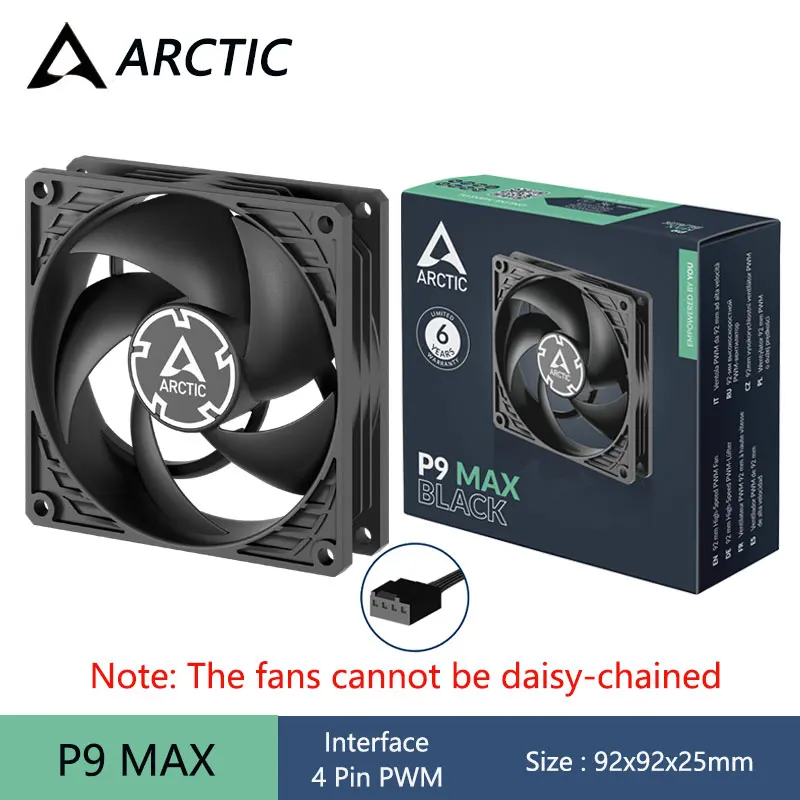 Ventilateur de boîtier d'ordinateur ARCTIC P9 Max noir, ventilateur de boîtier PWM haute performance de 92 mm, vitesse du ventilateur 450-4300 tr/min/Optimisé pour la pression statique