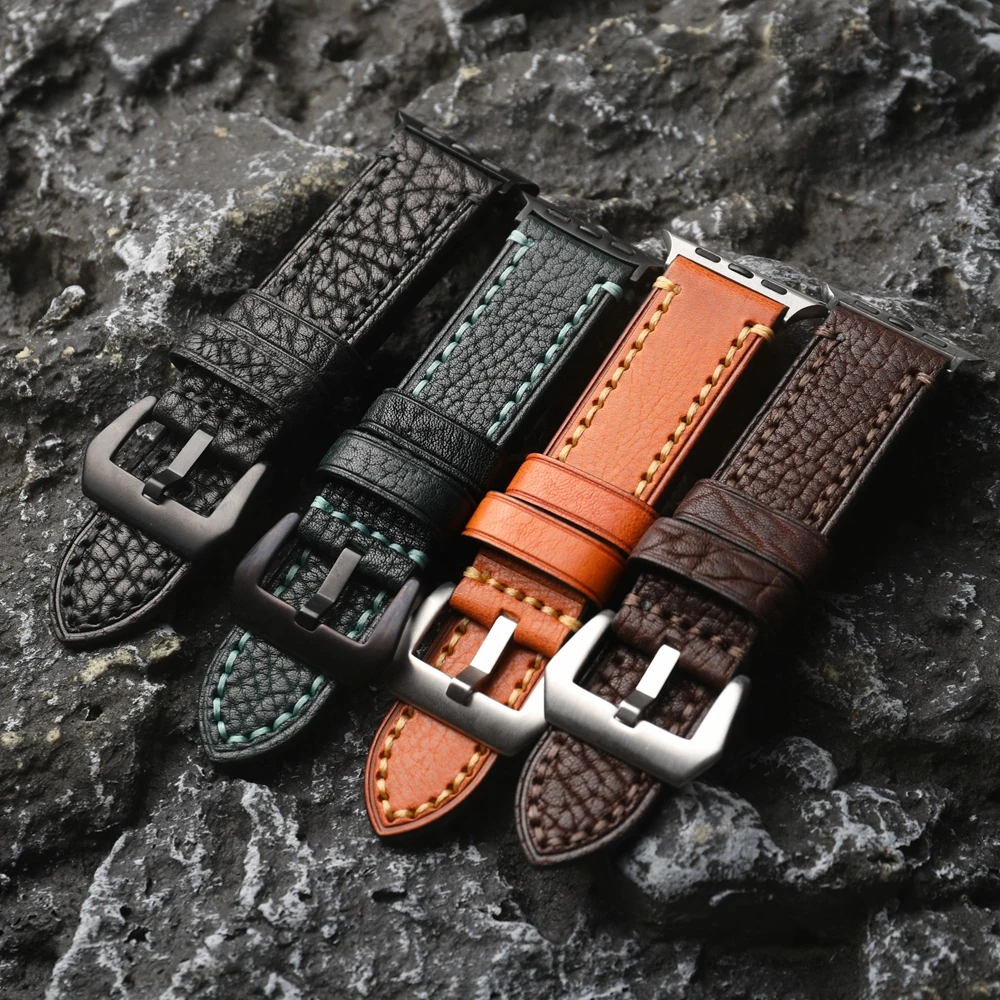 Handgefertigtes Hauptschicht-Rindsleder-Armband für Apple Watch 49 mm, 46 mm, 45 mm, braun, schwarz, grün, verdickte Ultra-Titan-Farbe