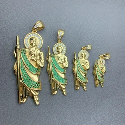 Religions Saint St Jude Thaddeus Pray Pendants Green Shiny Zircon Charms For Jewelry Making Women Men Necklace Accessories