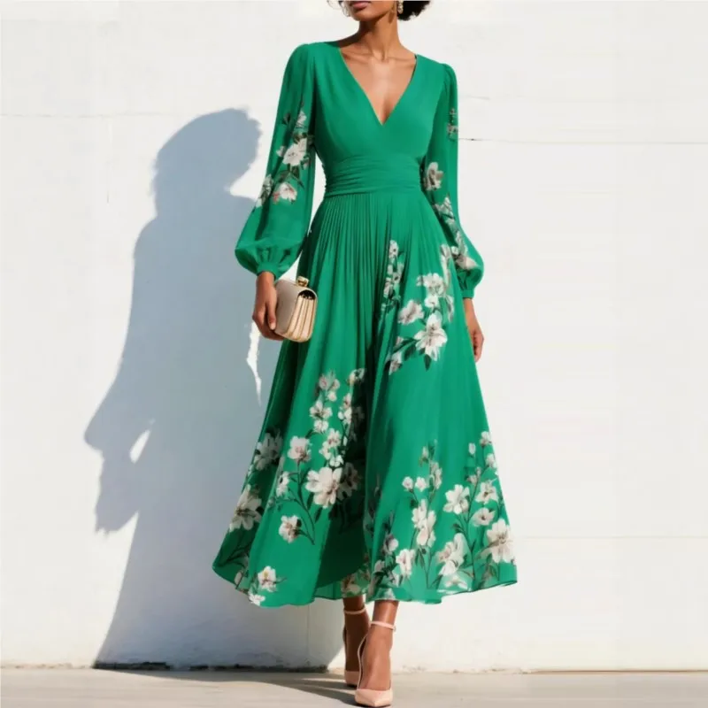 

Bohemian Fashion Printed Mid Length Dress Summer Color Blocked Long Sleeved Loose High Waisted Dresses Ladies Street Vestidos