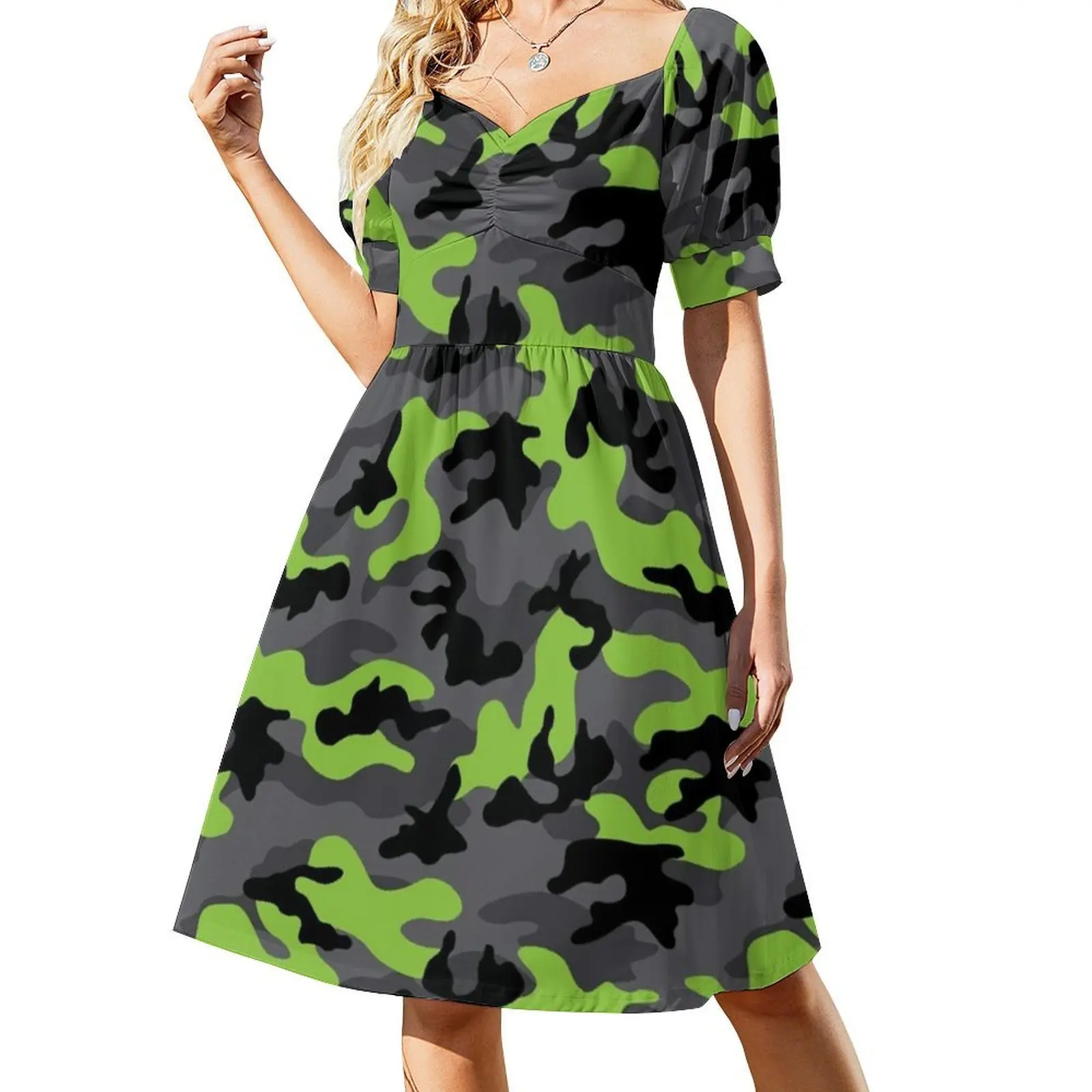 فستان بوهيمي عتيق بنمط مموه باللون الأخضر النيون والرمادي الليموني بأكمام منتفخة أو خيارات بدون أكمام لفستان النساء