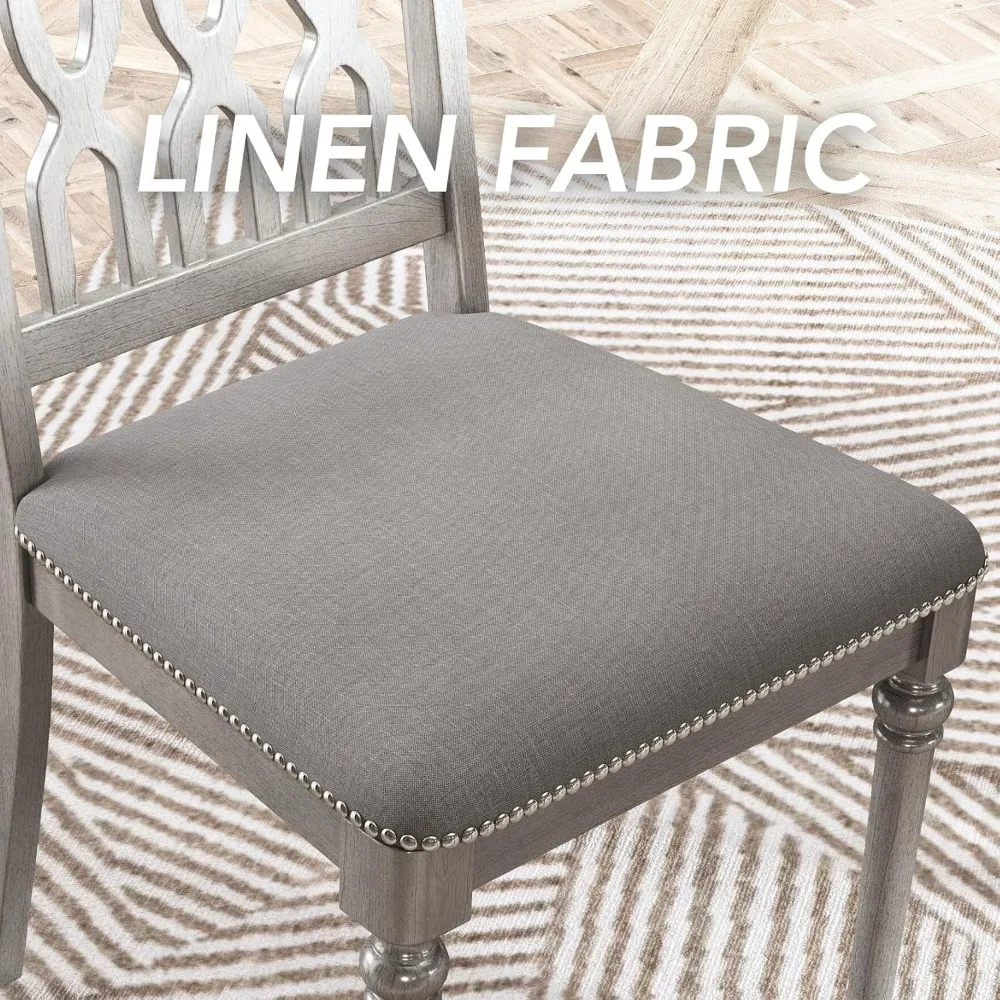 مجموعة من 4 كراسي لتناول الطعام في المزرعة على الطراز الريفي الفرنسي مع ظهور شبكي خشبي ومقاعد منجدة وزخرفة رأس الأظافر