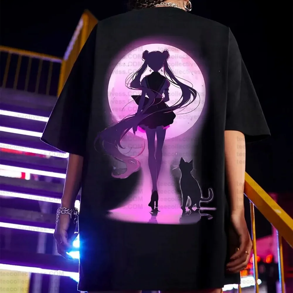 Anime Sailor Moon Women's Harajuku Summer T-shirt 2025 New Oversized Retro Streetwear Casual Loose Men Short Sleeve Unisex Tops