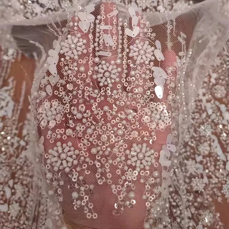 

Beaded Sequin Embroidered Lace Mesh Fabric for DIY Sewing Handmade Wedding Dress Garment Accessories Clothing Fashion Cloth
