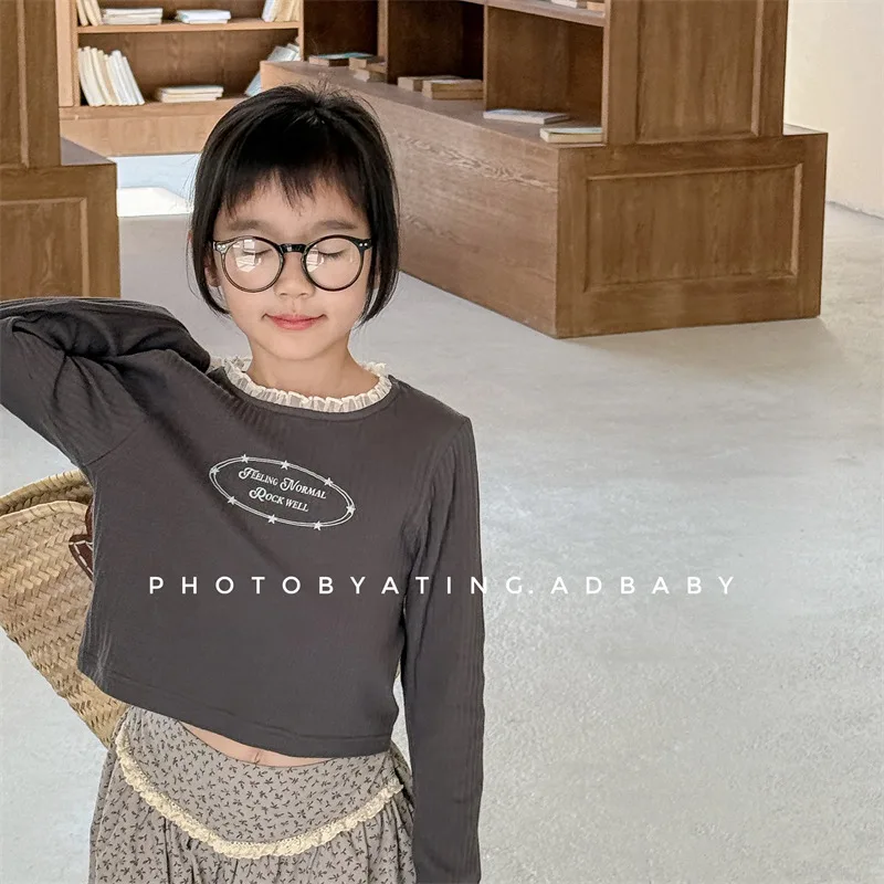 2025 Spring New Children Long Sleeve T Shirts Letter Print Girls Lace Collar Shirts Cotton Baby Bottoming Tops Kids Tee Clothes