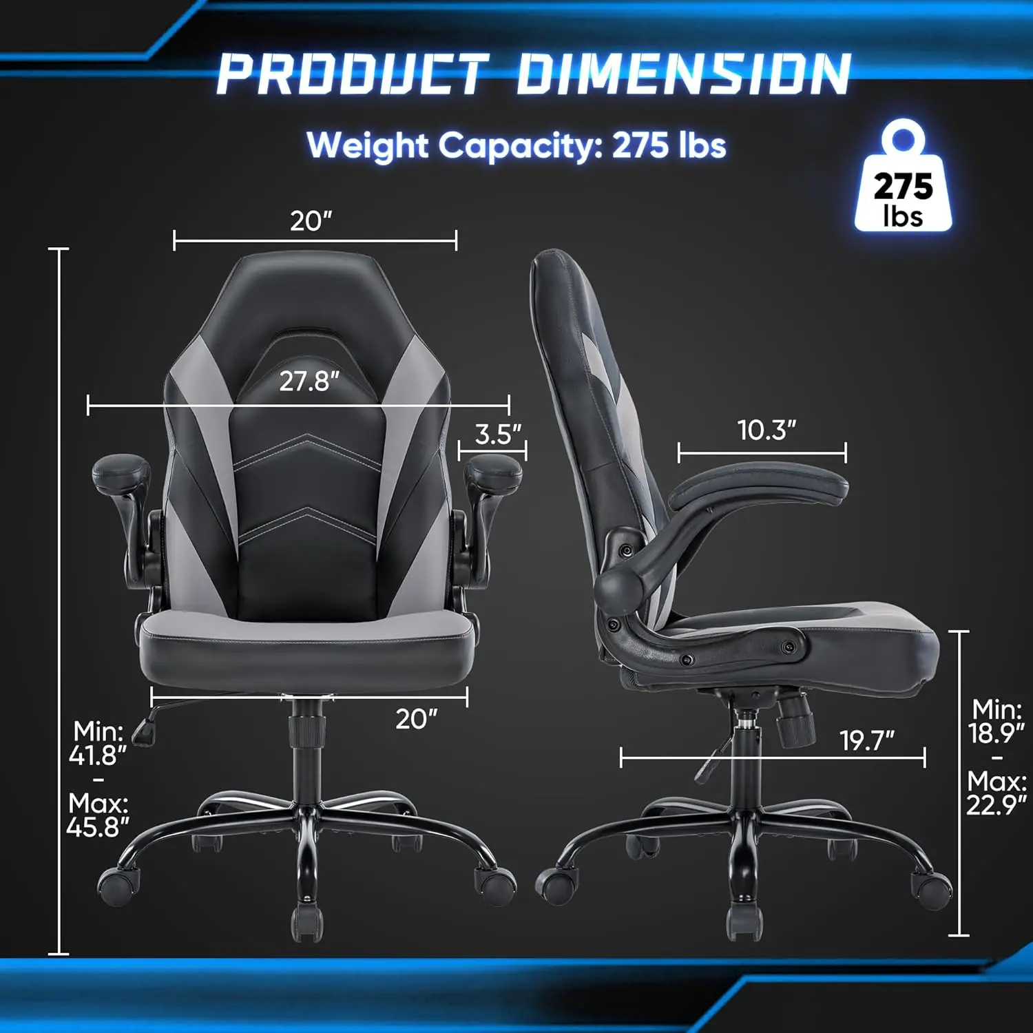 Office Desk Leather Gaming Computer Chair with Adjustable Swivel Task and Flip-up Arms, Black-Grey