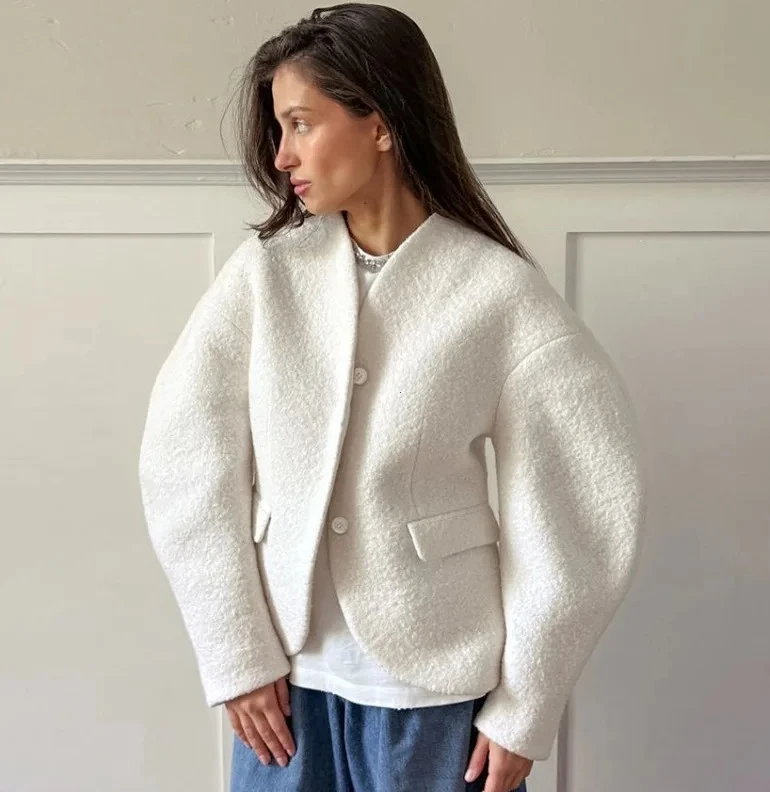 

Leisure Solid Color Woolen Short Jacket Women Chic Collar Single Breasted Loose Outerwear Autumn New Daily Commuting Office Coat