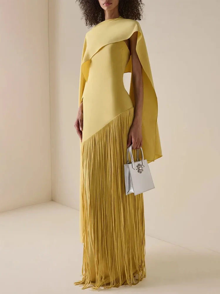 

Spliced Tassel Luxury Elegant Gown Maxi Dress Fashion O-neck Shawl Strapless High Waist Slim Long Banquet Dress Temperament Robe