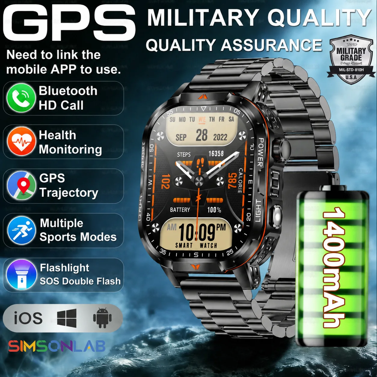 

2026 New Military Outdoor Sport Smart Watch 1400mAh Battery Flashlight Waterproof Bluetooth Call 2.01 inchAMOLED Screen for Men