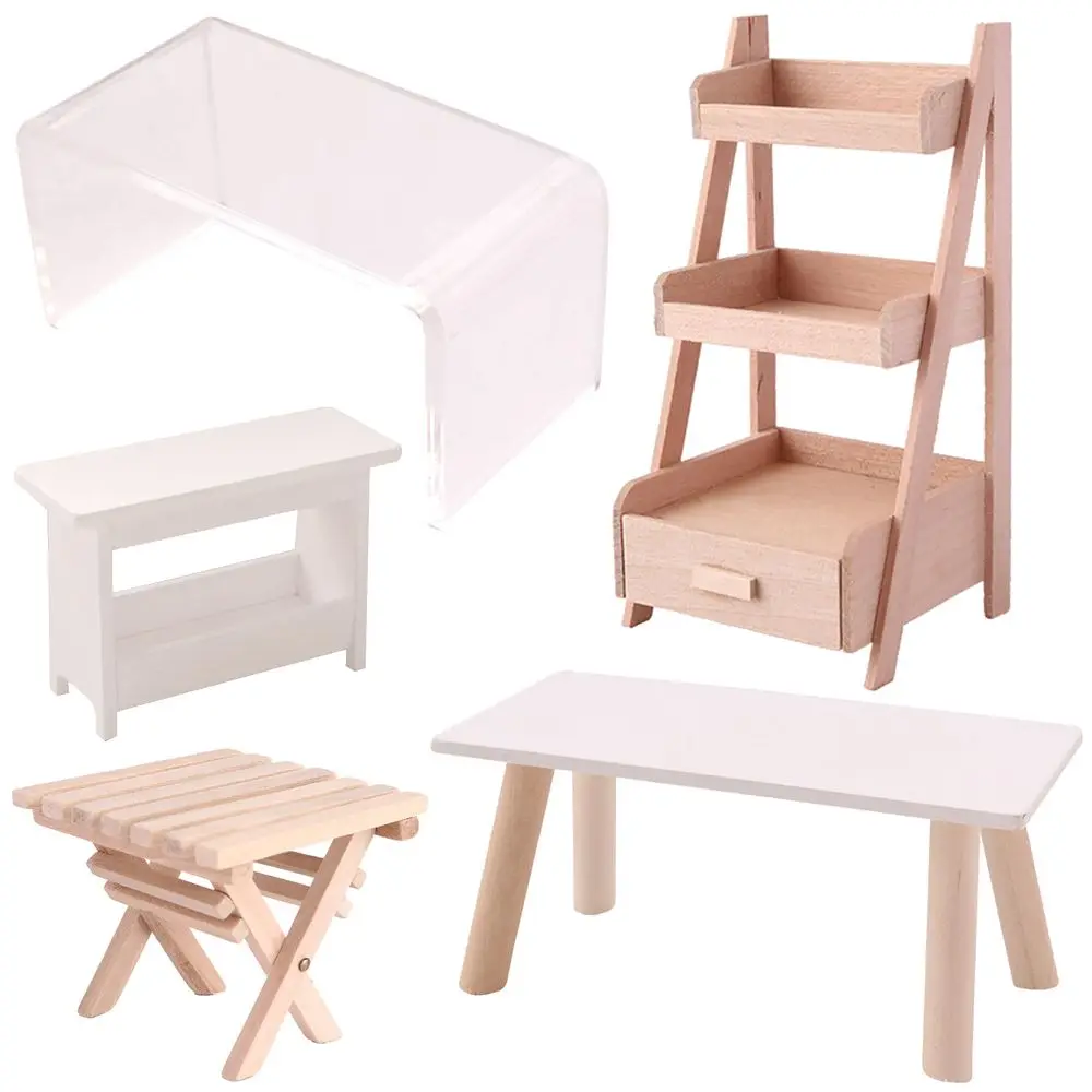 1:12 Scale Scenery Model Flower Rack Wood Stool Miniature Teatable Dolls Accessories Dollhouse Furniture