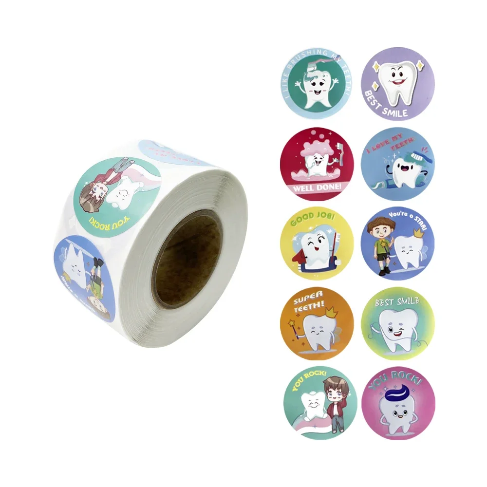 

1 Roll Tooth Round Sticker Dental Cartoon Cute Teeth Shape Stickers Gifts Dentist Clinic Label DIY Kids Gift Decoration Decals
