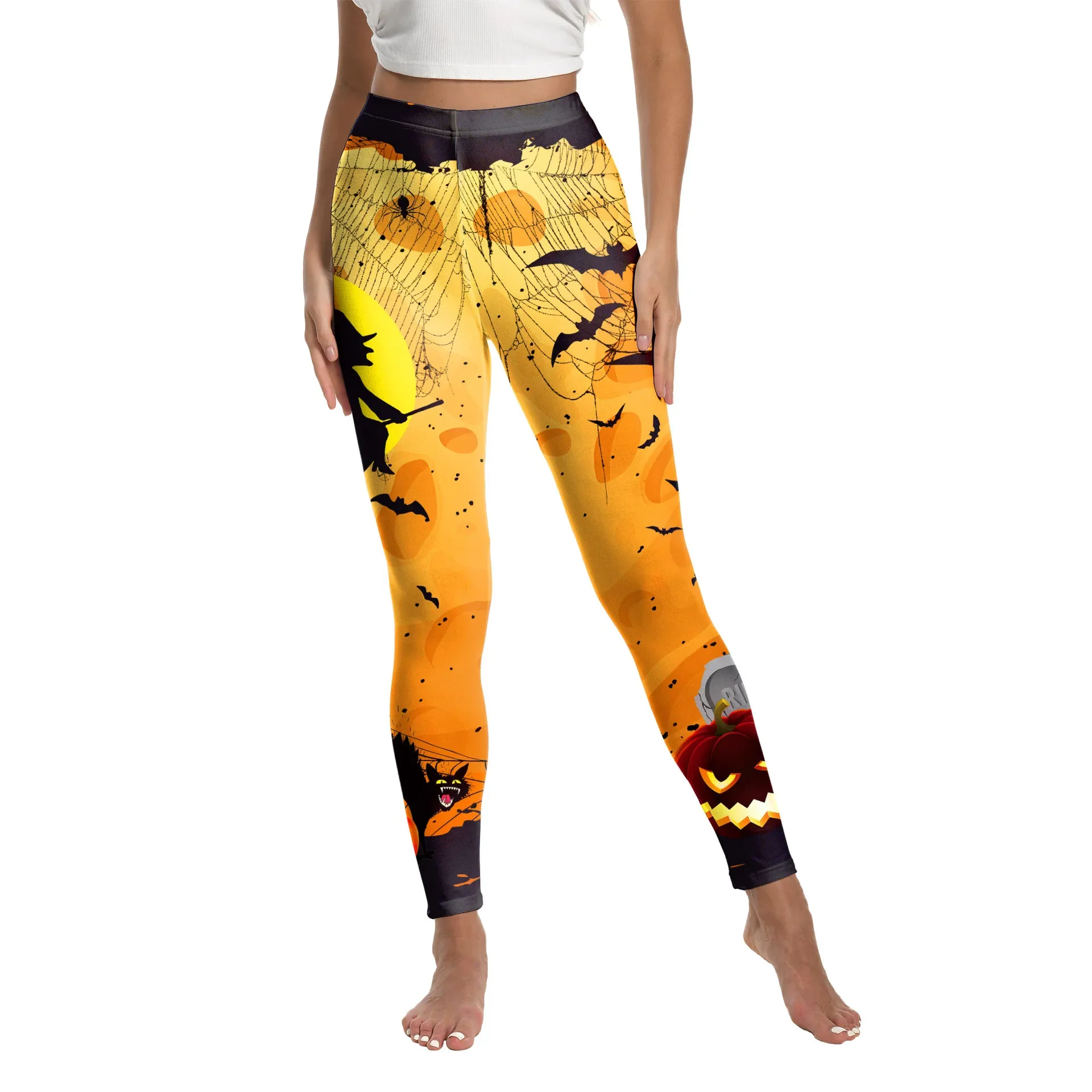 

Autumn Halloween Leggings Yellow Bat Web Women's Yoga Pants Mid Waist Gothic Pants New Y2K Sexy Slim Tights Lady Party Clothing