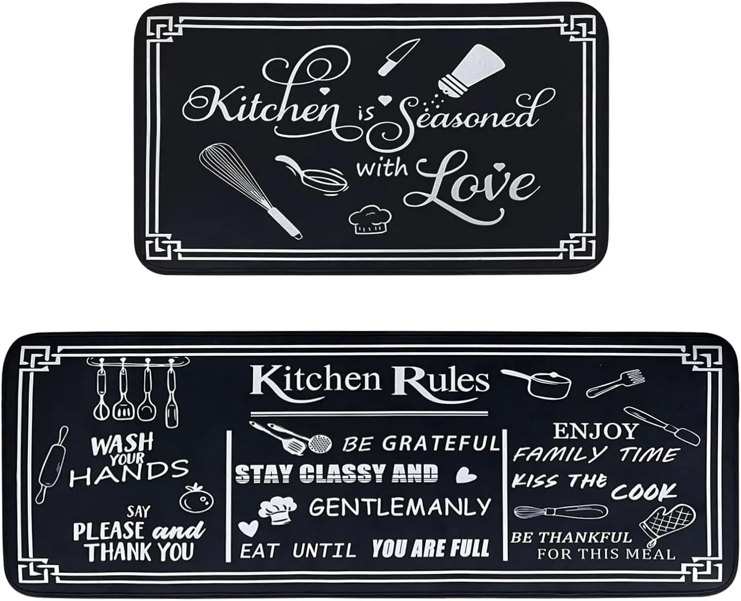 

Non Slip Washable Kitchen Rugs, 2-Piece Set, Cushioned Runner Mat for Floor, Black and White