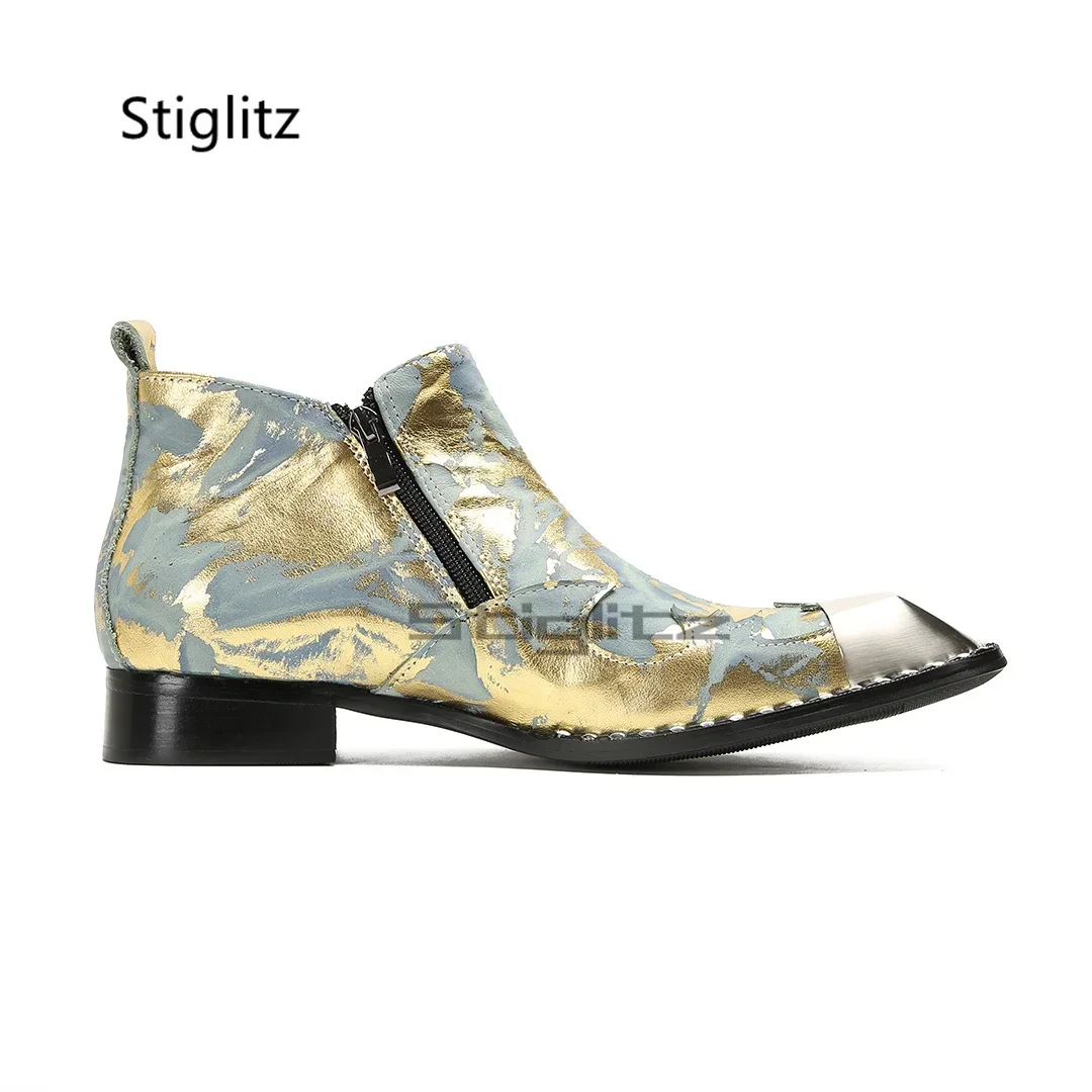 Metal Square Toe Ankle Boots for Men Gold Blue Prints Low Top Men's Boots Double Zipper Genuine Leather Catwalk Party Shoes