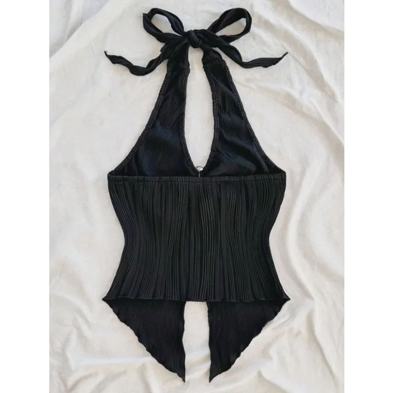 2025 เซ็กซี่VคอHalterคอCrop Topสําหรับผู้หญิงฤดูร้อนChic ElegantแขนกุดแยกBackless Top Y2Kเสื้อผ้าสีขาวสีดํา