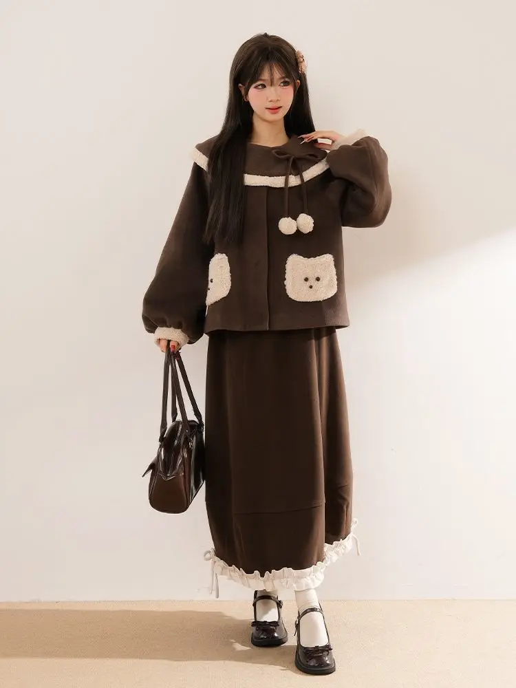 

Japan Winter Cute Girly Bow Quilted Jacket + Lace Skirt Set 2026 New