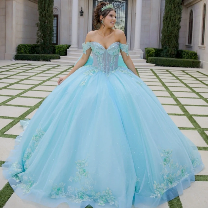

Aqua Blue Shiny Ball Gown Quinceanera Dresses Off The Shoulder Applique Beading Crystal Bow Tull Party Birthday Sweet 16 Dress