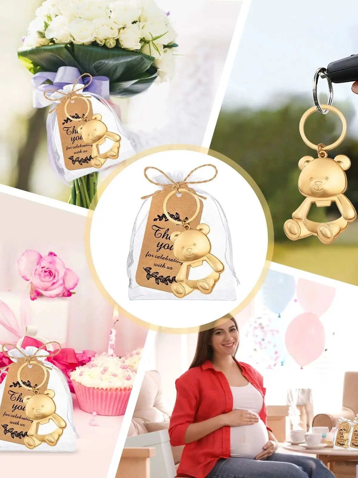 Ensemble de porte-clés ouvre-bouteille Ours Doré avec sacs en organza et étiquettes de remerciement pour les invités de fêtes d'anniversaire, d'Halloween et de Noël