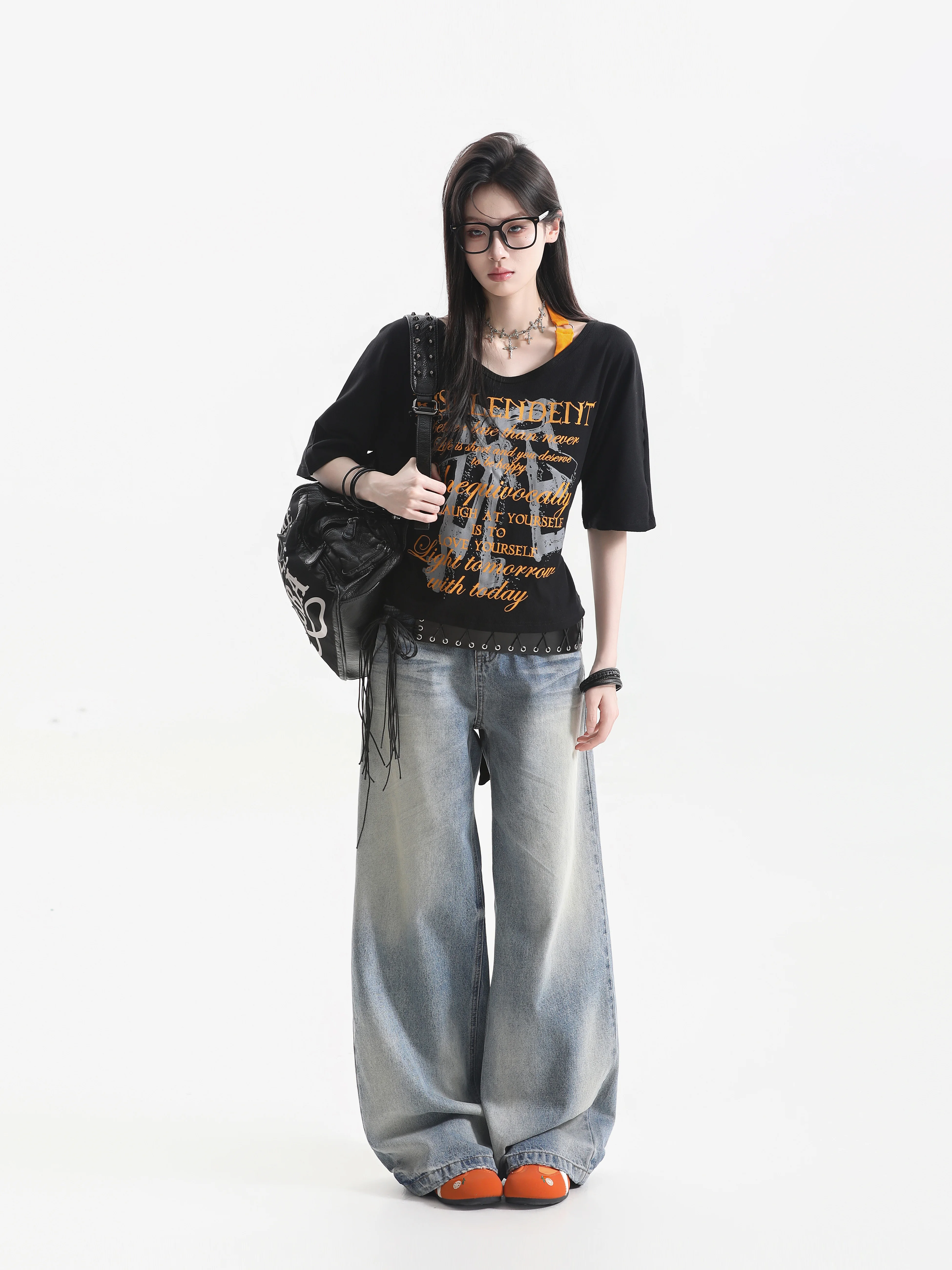 Sexy American Hot Girl Hip Hop Style Print Waist Belted Neck Hanging Short Sleeve Summer Y2K T Shirt Clean Fit Slimming Retro...