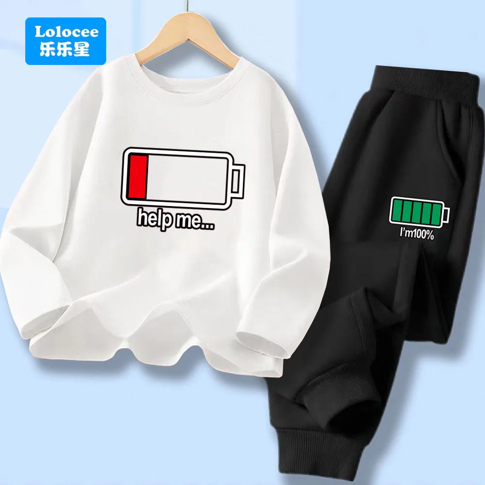 Herfst Kid Jongen Lange Mouw 2 Stuks Kleding Set Kinderen Grappige Batterij Brief Gedrukt T-shirt Trui Top En Broek trainingspakken DCW1