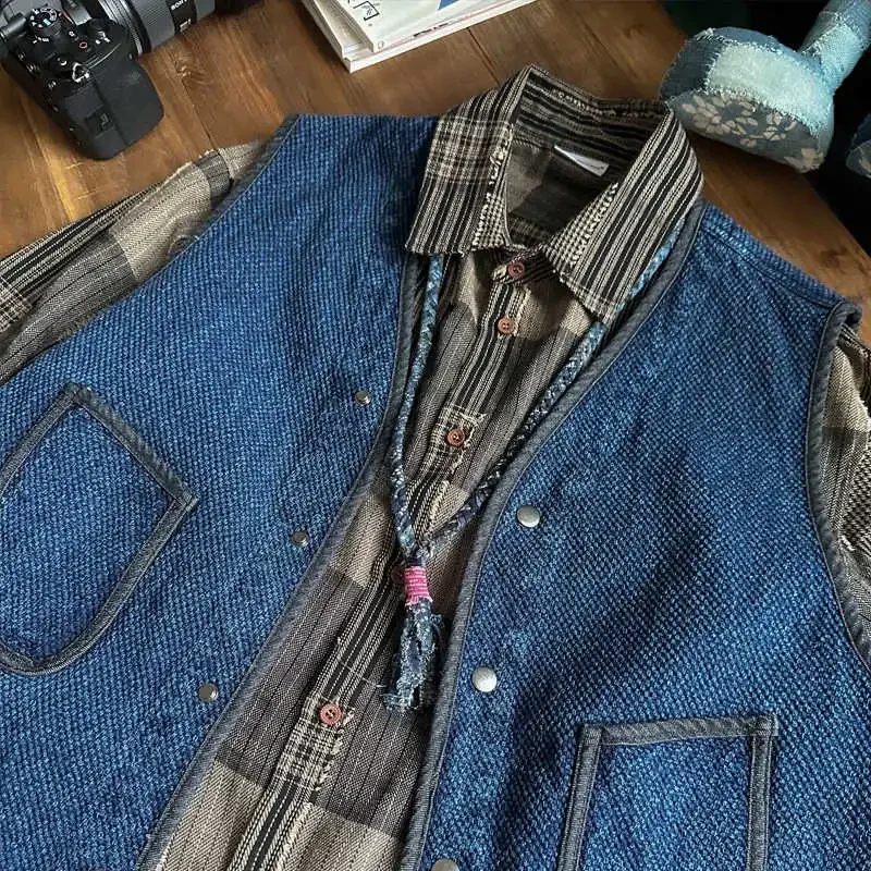 Japanese Men's Indigo Washed Retro Sword Cloth Ethnic Style Patchwork Loose Casual Vest Versatile Jacket for Men and Women