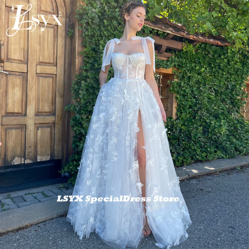 LSYX Borboleta Lace Querida Prom Dress 2023 Correias A Linha Alta Side Slit Sweep Train Tulle Vestido de Noite Robes De Soirée