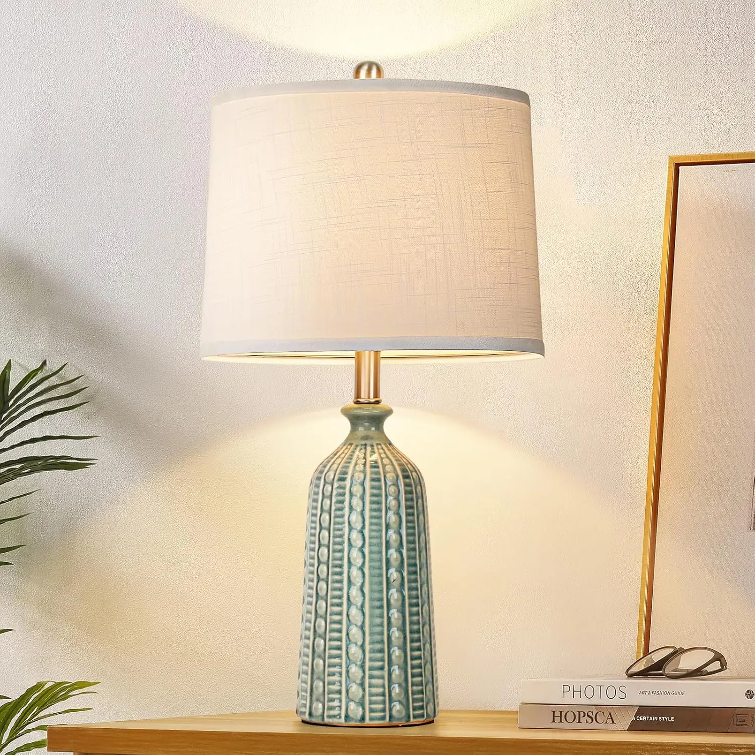 

24.5" Green Ceramic Table Lamp, 3-Way Dimmable with White Drum Shade, Modern Bedside Lamp for Bedroom Living Room (Bulb Included)
