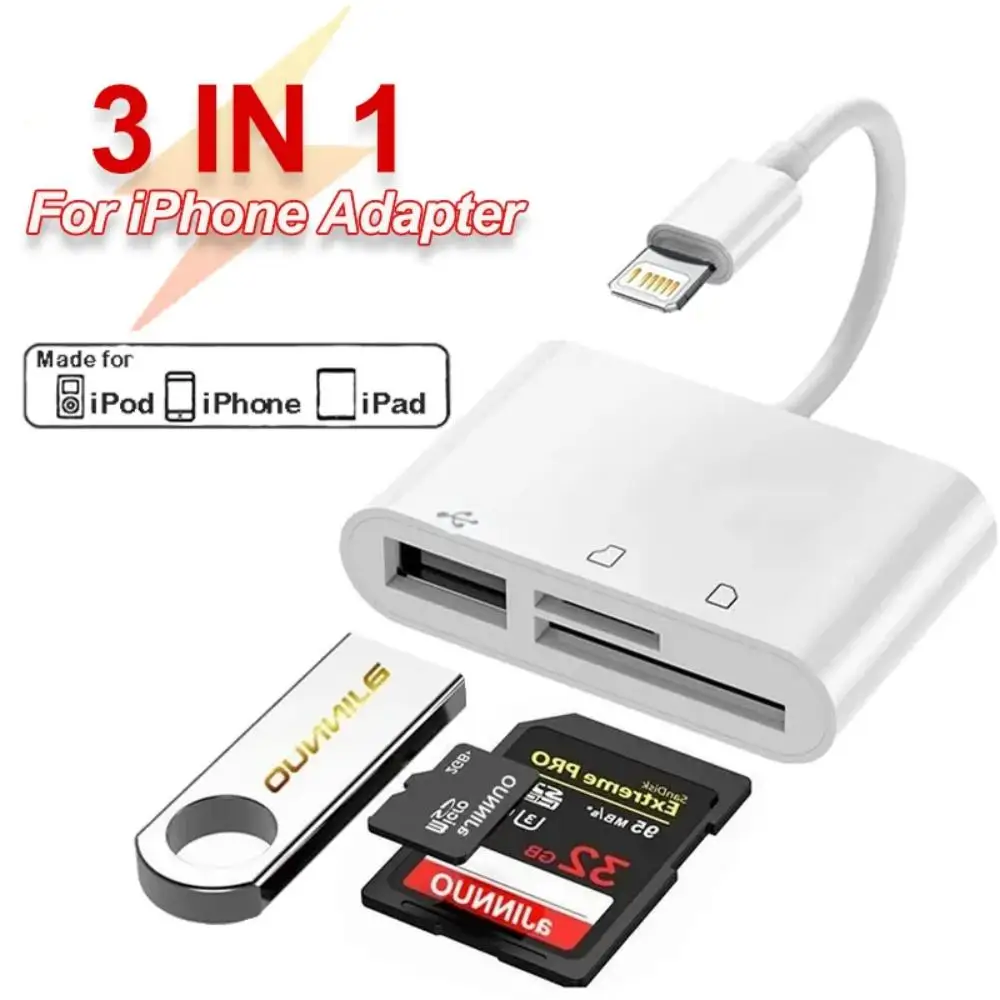 

Lightning 3-in-1 iPhone to SD & TF Card USB Camera AdapterFor iPad iPhone Card Reader USB Dongle for USB Flash Plug Play