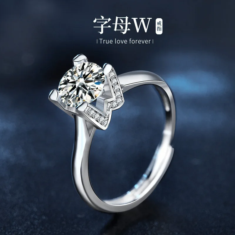 

925 sterling silver ring wholesale for women, niche ins Korean style simple open ring with letter and moissanite diamond