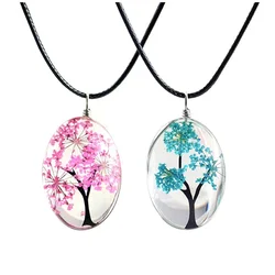 Handmade Tree Like of Life Dried Flower Necklace Resin Dome Glass Cabochon Flower Tree Pendant Necklace for Women Girls