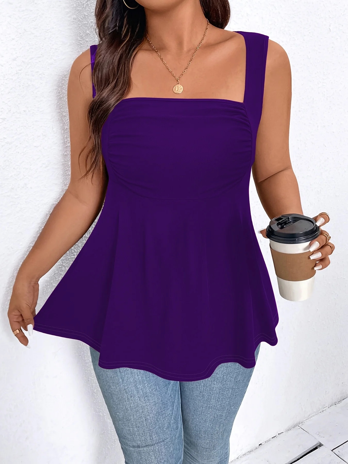 Elegantes Plus-Size-Oberteil für Damen mit quadratischem Ausschnitt und Raffungen für mühelosen Stil – Detail 10