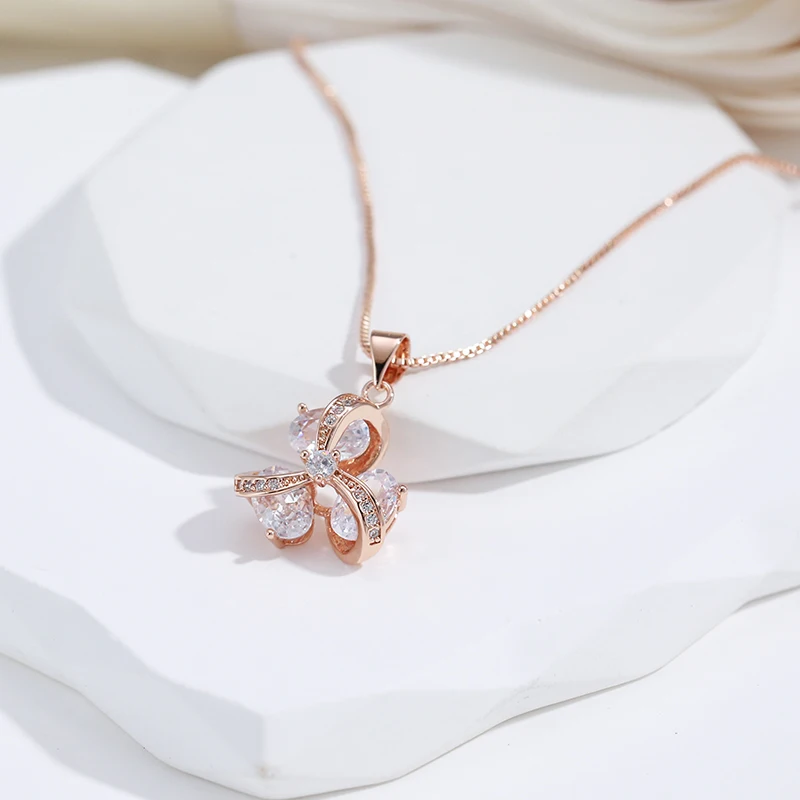 SYOUJYO Shiny Natural Zircon Pendant Necklace For Women 585 Rose Gold Color Fine Jewelry Box Chain Bride Wedding Necklace