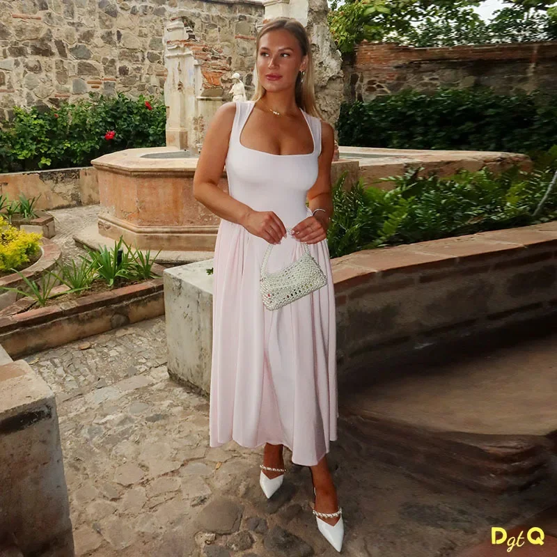 Różowa elegancka sukienka z kwadratowym dekoltem i długim paskiem dla kobiet Elegancka sukienka bez rękawów z wysokim stanem Lady Holiday Dailywear