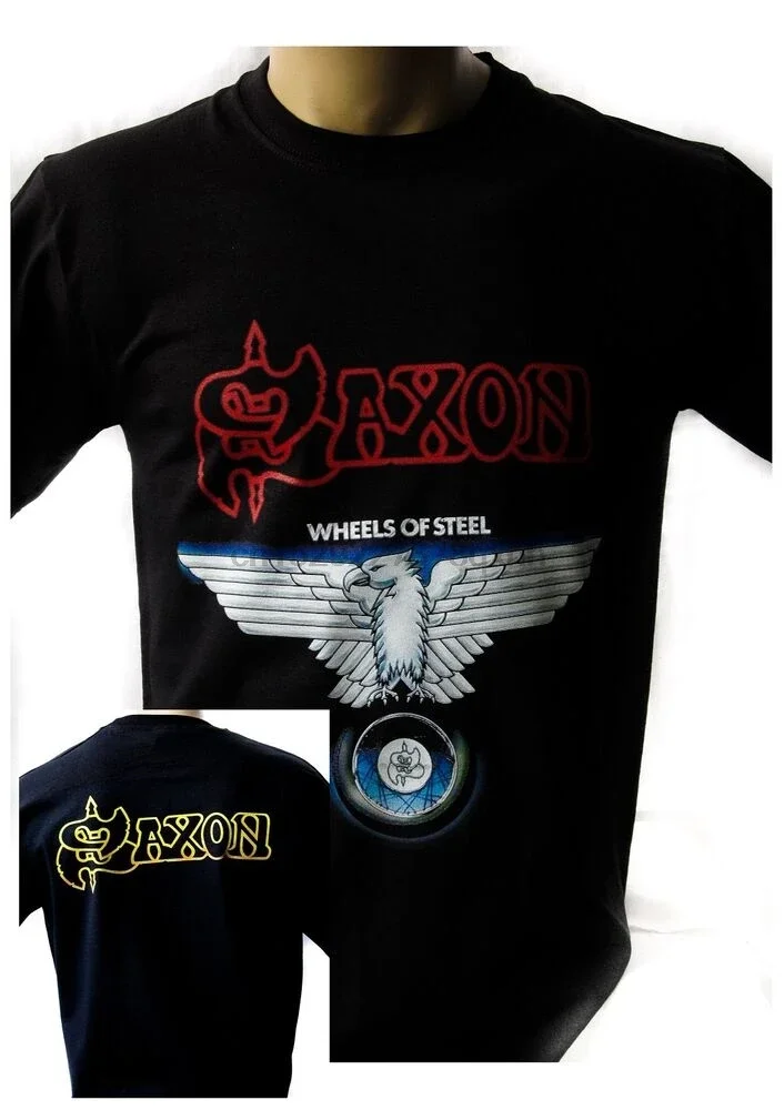 Saxon Wheels Of Steel 1980 Czarna koszulka męska Koszulka zespołu rockowego Tee Music(1)