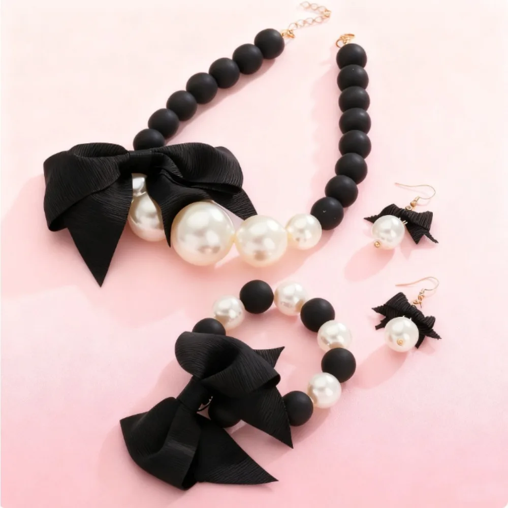 Black Bow Imitation Pearl Jewelry Set for Women Simple Fashion Jewelry Accessories Hot Sale Party Gift 2026 New Style