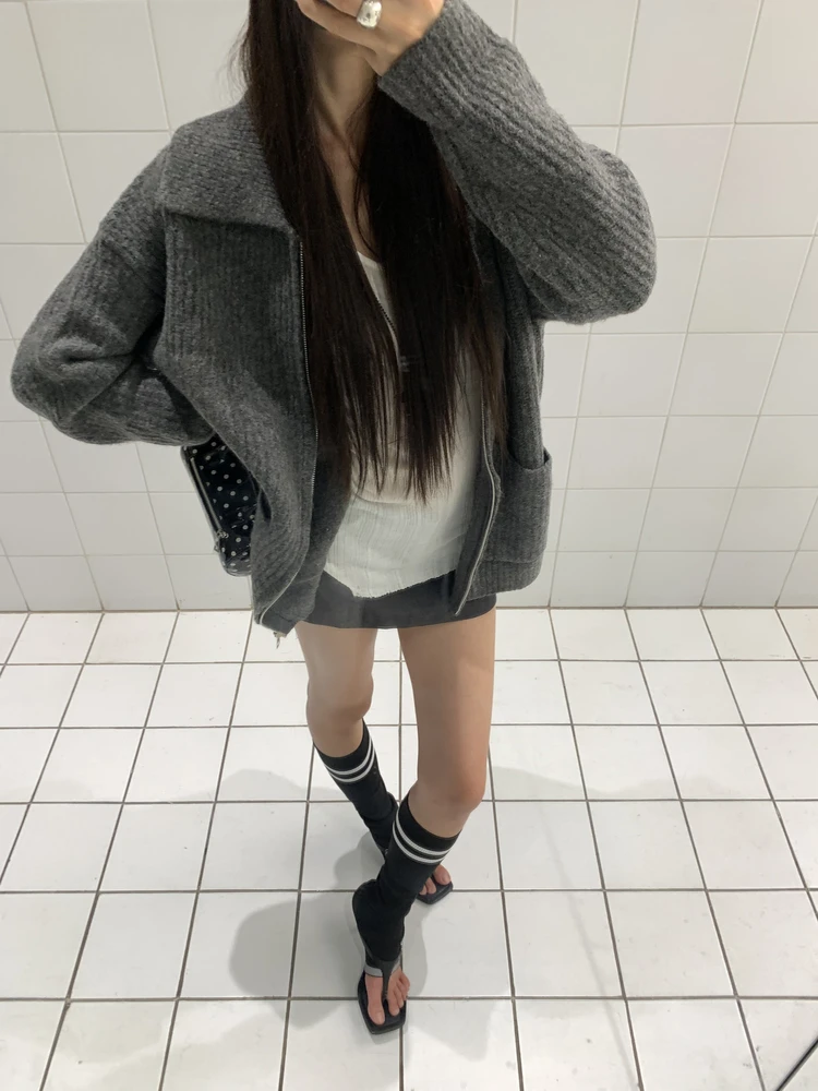 

Punchun Soft Cozy Lazy Aosphere Mixed Knitted Woolen Casual Sweater Zipper Open Cardigan Outerwear for Women Autumn Winter