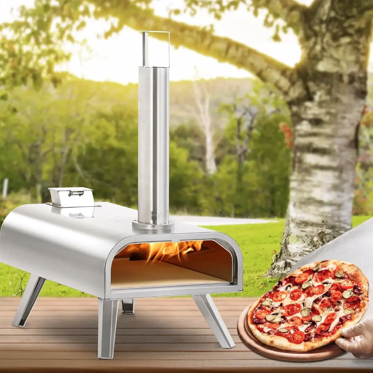 16 Inch 2-in-1 Multi-Fuel Outdoor Pizza Oven, 1112°F Stainless Steel Wood & Gas Portable Pizza Cooker for Party