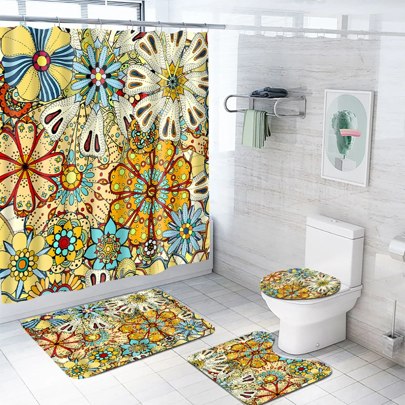 1/4PCS Bright Flower Printed Shower Curtain Set Polyester Bath Curtain with Hooks Ideal for Bathroom and Partition Decorations