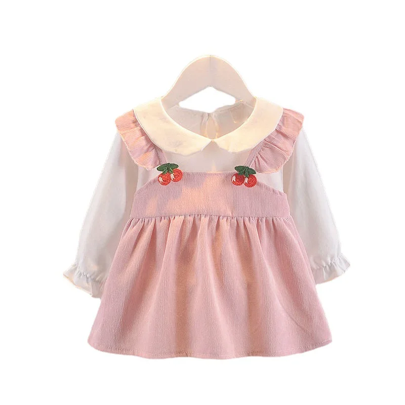 Autumn Children Girls Fake Two Piece Dress 0-3Y Baby Girls Cherry Long Sleeve Dress Peter Pan Collar Newborn Girl Princess Dress