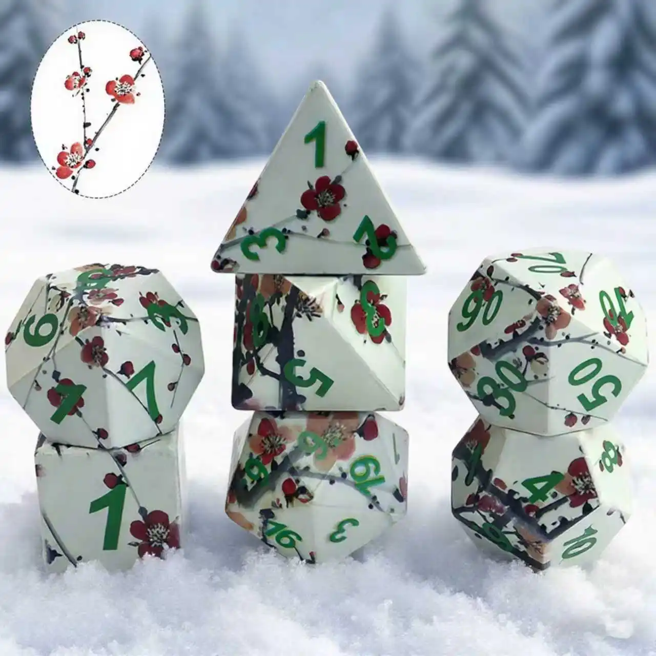 

7-Piece 18mm Acrylic Polyhedral Dice Set (with Plum Blossom Themed Pattern) - For Family Outdoor Gatherings & Holiday Gifts