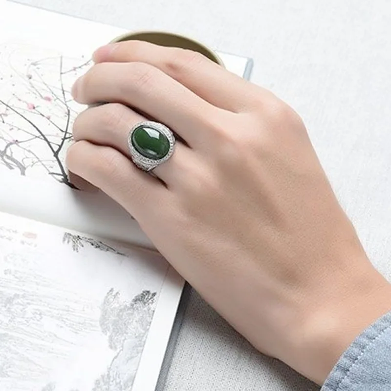 Top Grade Jade Green Oval Ring For Men Jewelry 925 Silver Male Wedding Ring With Shining Stones Hollow Coin Finger Accessories